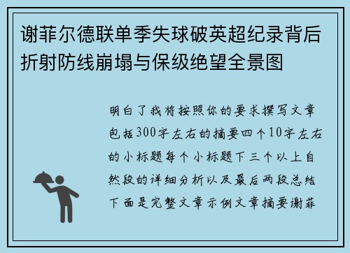 谢菲尔德联单季失球破英超纪录背后折射防线崩塌与保级绝望全景图